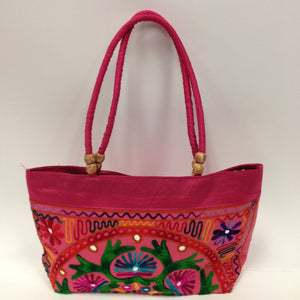 Handmade Traditional Kutchi Embroidery Work Handbag - Red, Pink, Yellow & Green - 7