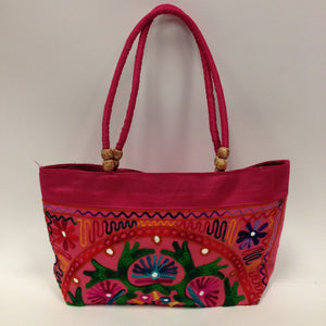 Handmade Traditional Kutchi Embroidery Work Handbag - Red, Pink, Yellow & Green - 2