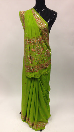 Pure Crepe silk Saree with Hand Embroidery - Green - 1