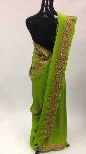 Pure Crepe silk Saree with Hand Embroidery - Green - 2