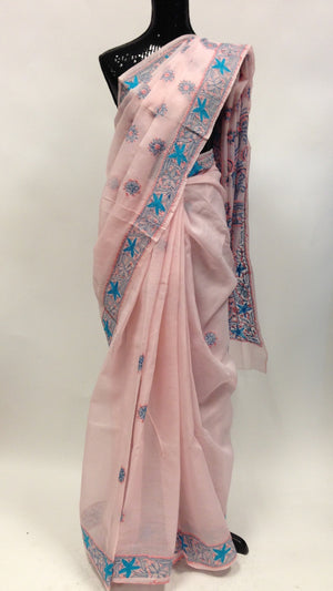 Cotton Lucknowi Saree - Light Pink - 1
