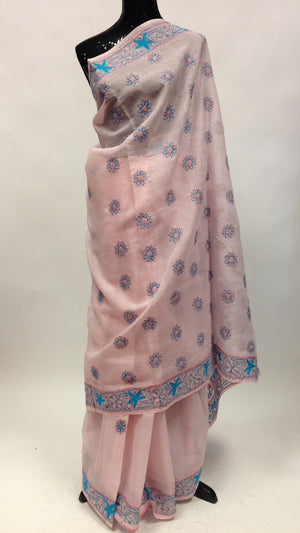 Cotton Lucknowi Saree - Light Pink - 7