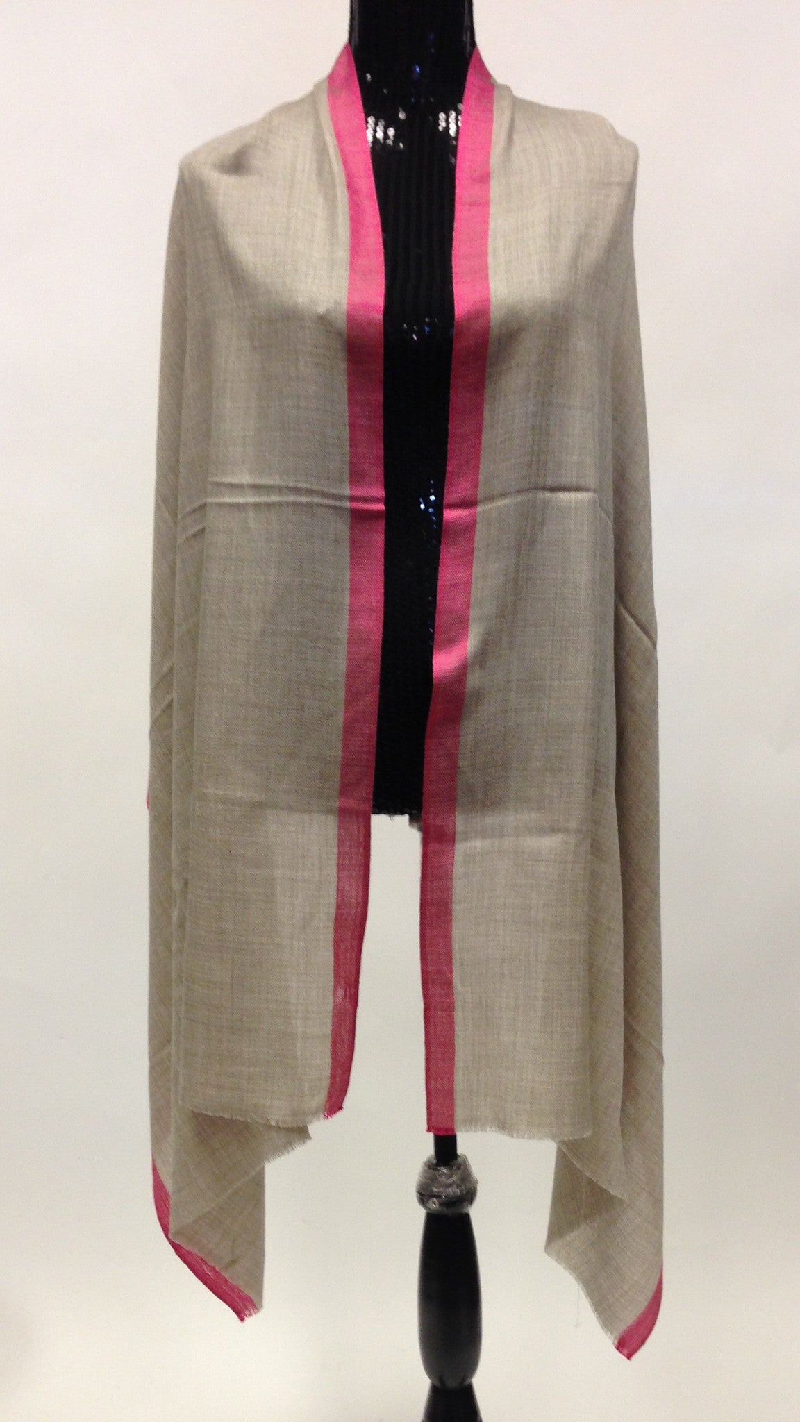 Semi-Pashmina wool Scarf/Stole with Pink Border - Grey - Sarang