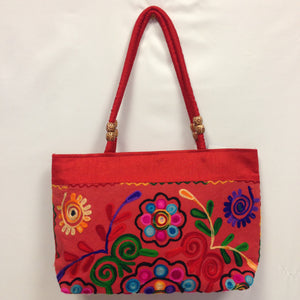 Handmade Traditional Kutchi Embroidery Work Handbag - Red, Pink, Yellow & Green - 3