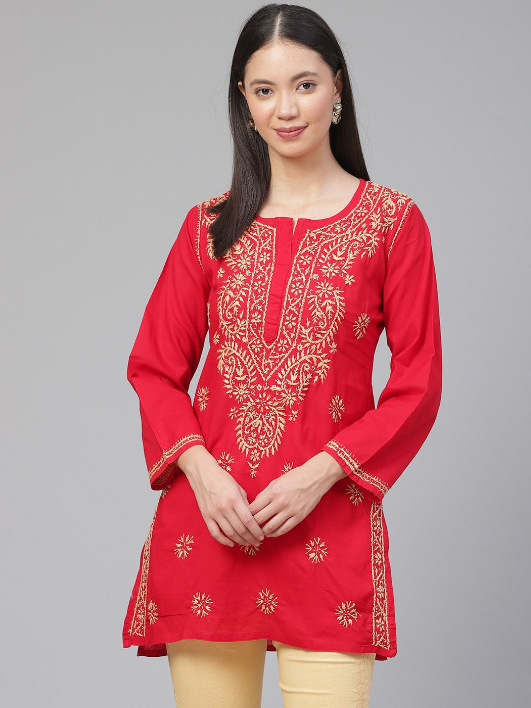 Buy Red Color Embroidered Lucknowi Chikankari Women Cotton Kurta,Women  Cotton Kurta for Summer, Knee Length Women Shirt (S) at Amazon.in