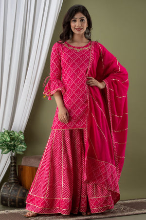 Indian women ethnic rayon pink printed kurti sharar with dupatta, bollywood Designer Cotton Gotapatti Work Kurti Sharara