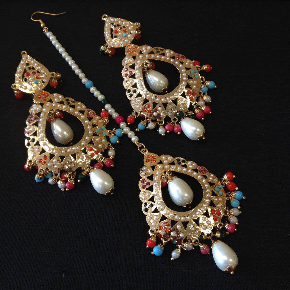 Gold Jadau Taditional Earrings Tika Set - Sarang