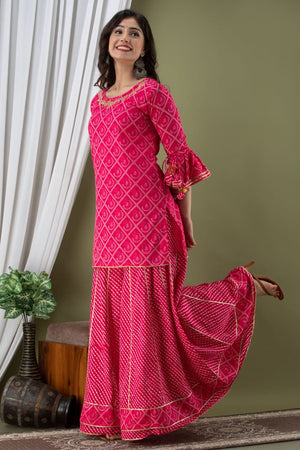 Indian women ethnic rayon pink printed kurti sharar with dupatta, bollywood Designer Cotton Gotapatti Work Kurti Sharara