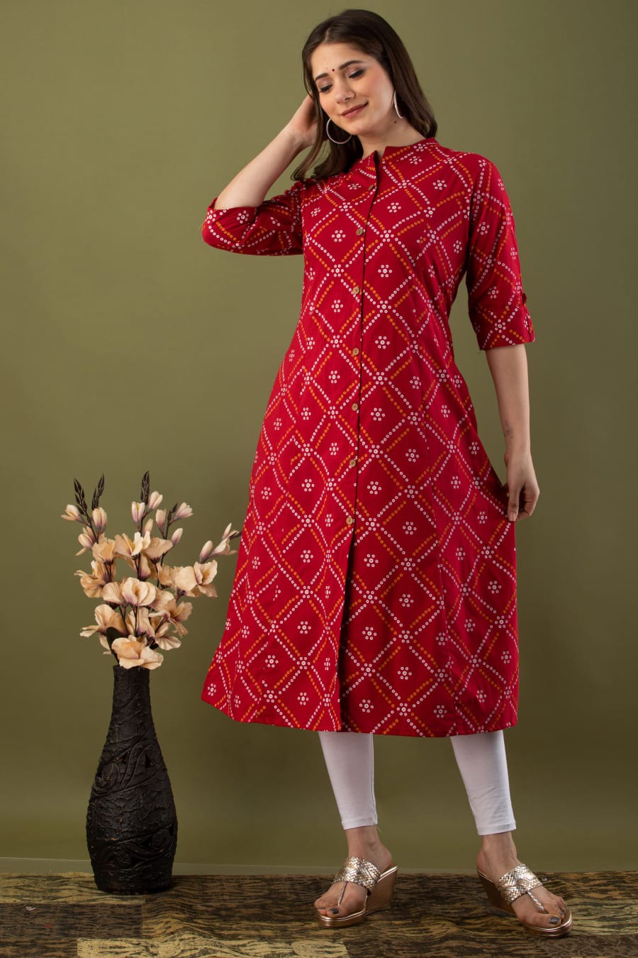 Buy Bandhani Cherry Red Silk Velvet Kurta with Printed Salwar Set by  Designer NIDHI THOLIA Online at Ogaan.com