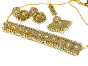 Jadau Choker Necklace Set - Gold/Off-White