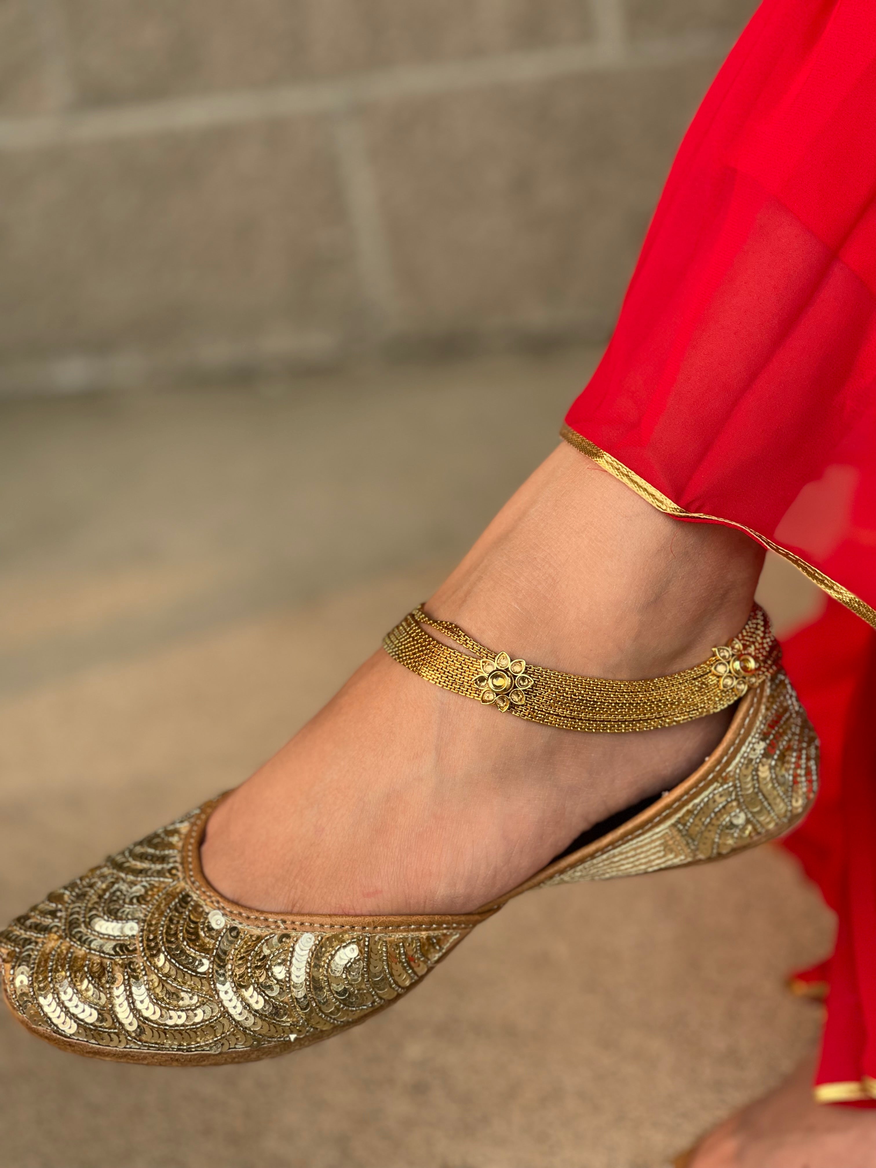 Gold Tone Anklet / Payal With Pearl & Stone