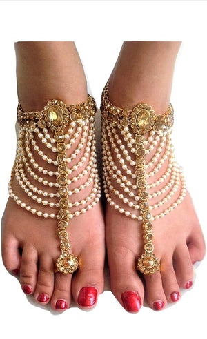Bridal Gold Tone Anklet / Payal With Pearl & Stone