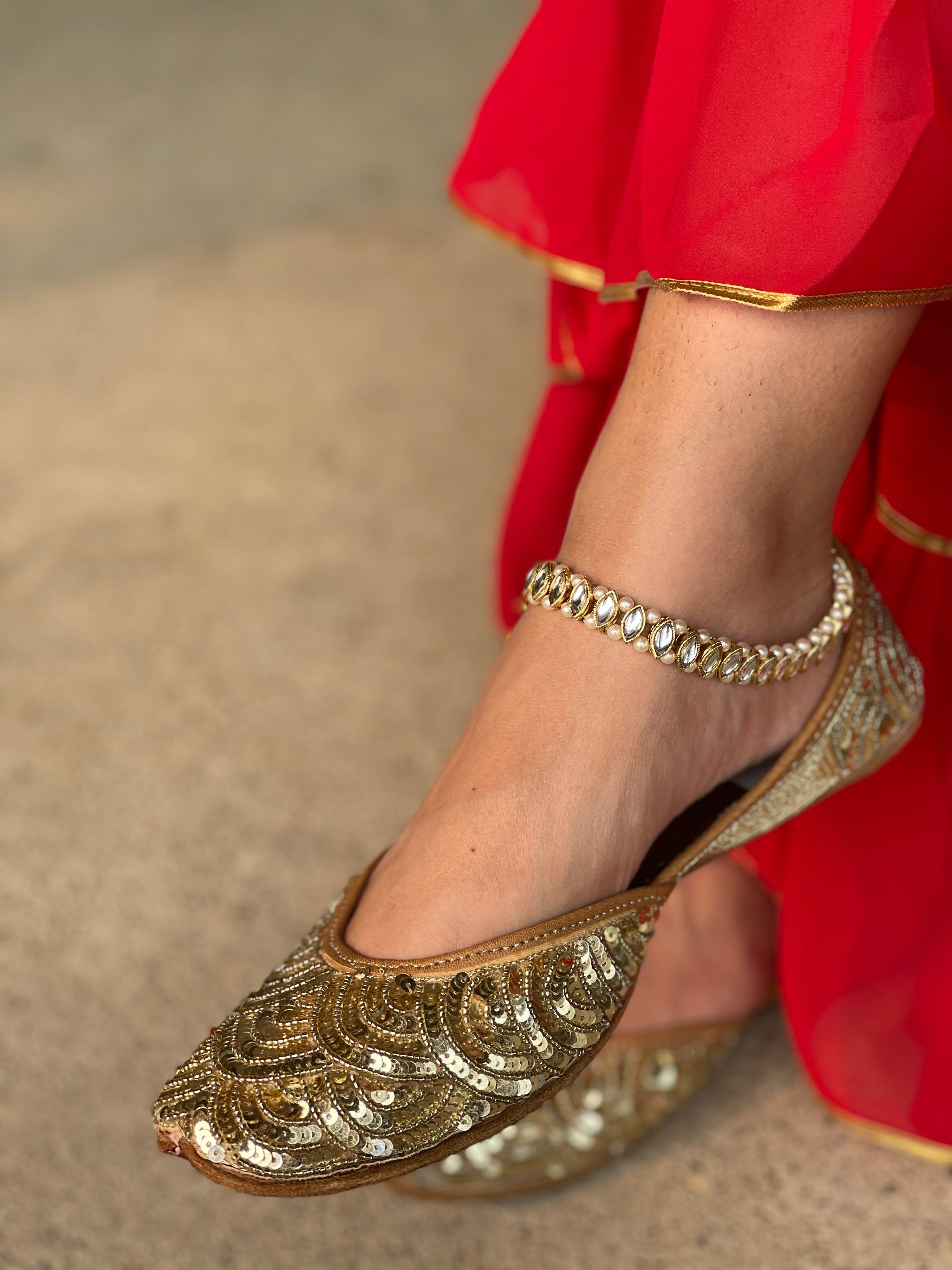 Gold Tone Anklet / Payal With Pearl & Stone