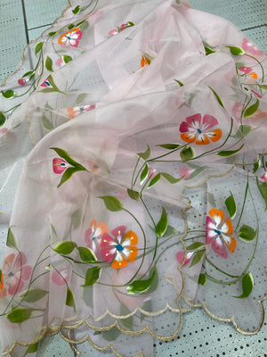 Hand painted Organza Dupatta With Beautiful Floral Painting- Off White