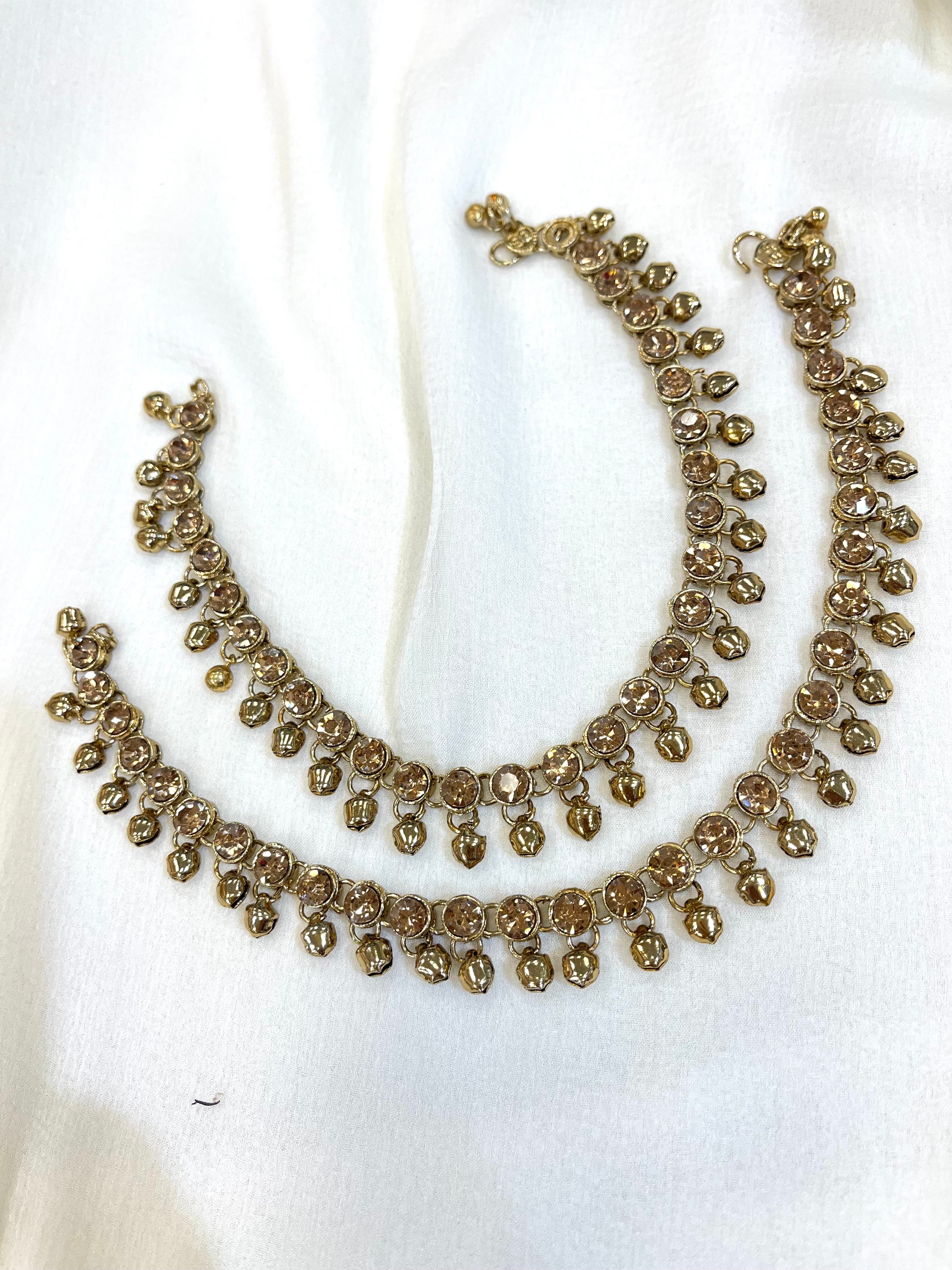 Gold Tone Anklet / Payal With Pearl & Stone