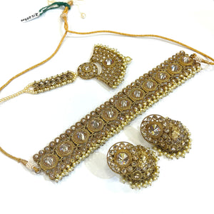 Jadau Choker Necklace Set - Gold/Off-White
