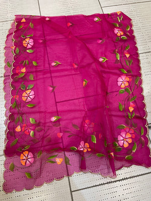 Hand painted Organza Dupatta With Beautiful Floral Painting- Off White