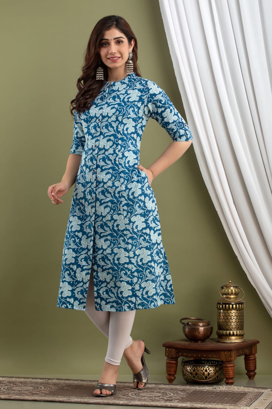 Beautifully printed blue long kurti with full flare and handwork  Kurti  Fashion