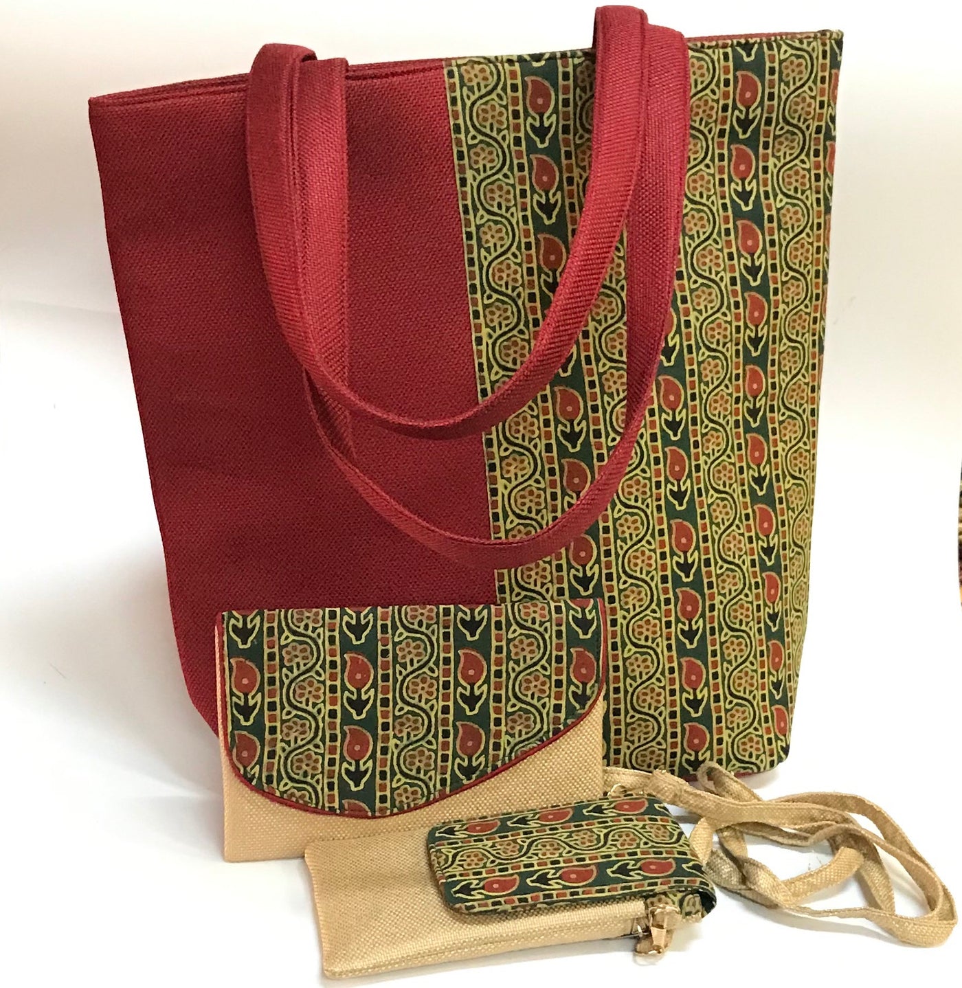 Tote bag laminated cotton Indigo floral print kalamkari folk leather trims  zip — Discovered