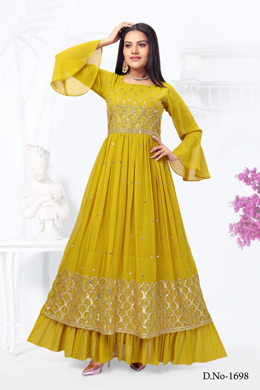 Fancy Fabric Party Wear Glamorous Printed Long Gown In Mustard Color | Gown  party wear, Ladies gown, Printed cotton dress