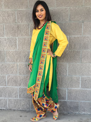 Phulkari Embroidery Suit- Green/yellow - Sarang