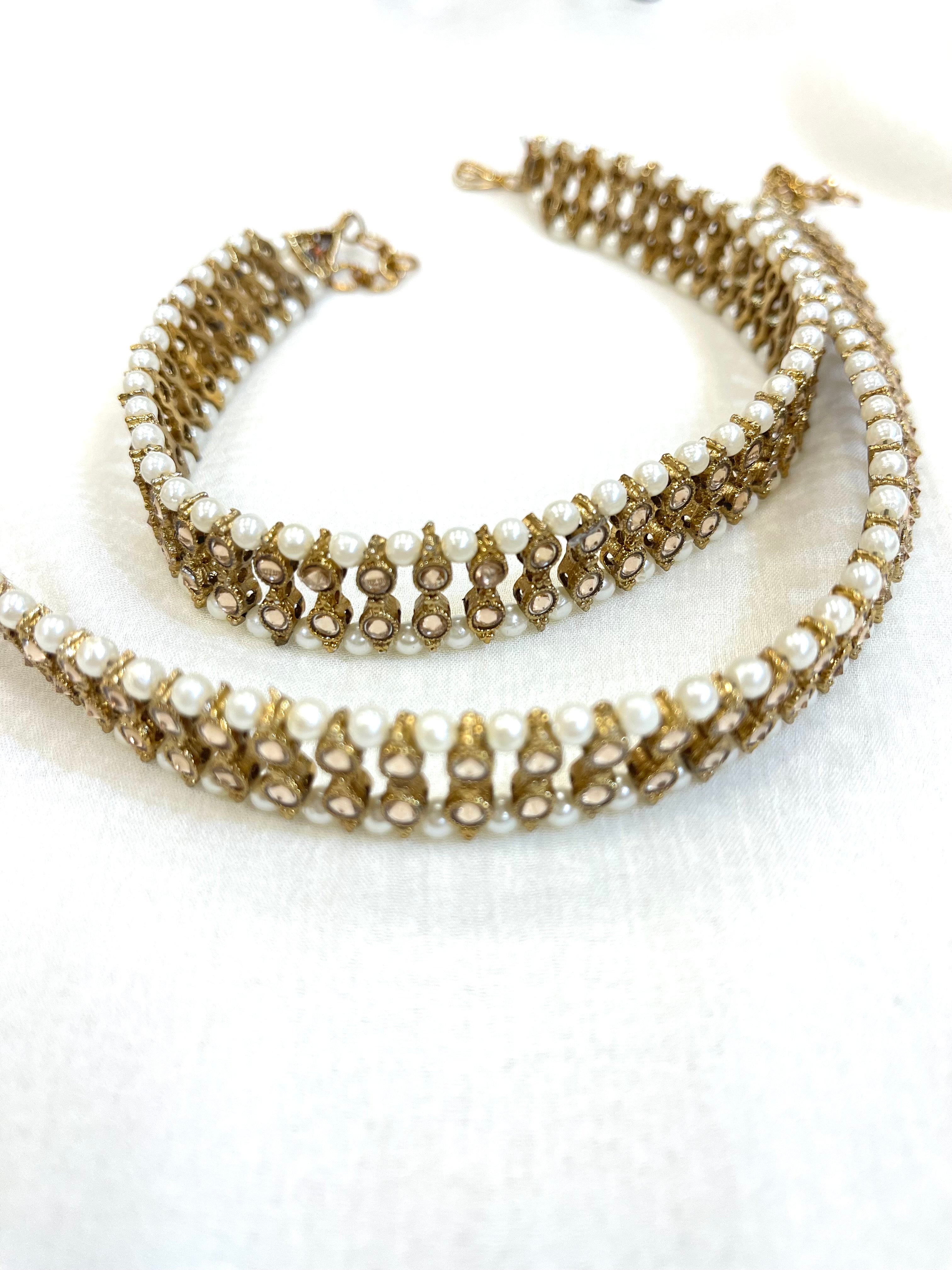 Gold Tone Anklet / Payal With Pearl & Stone