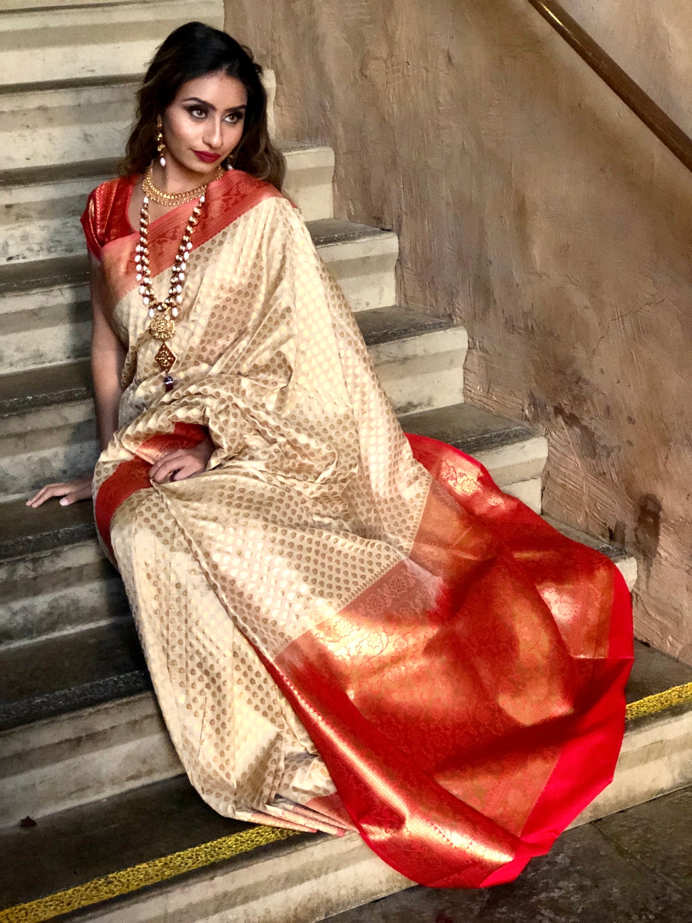 Gold jacquard kancheepuram wedding silk saree, contrast intricate border &  pallu of leaves & flower designs