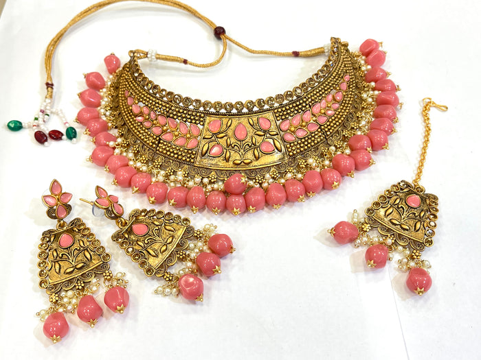 VINTAGE Red Green GOLD Plated Necklace for Sari Dress OUTFIT Necklace 14  LONG