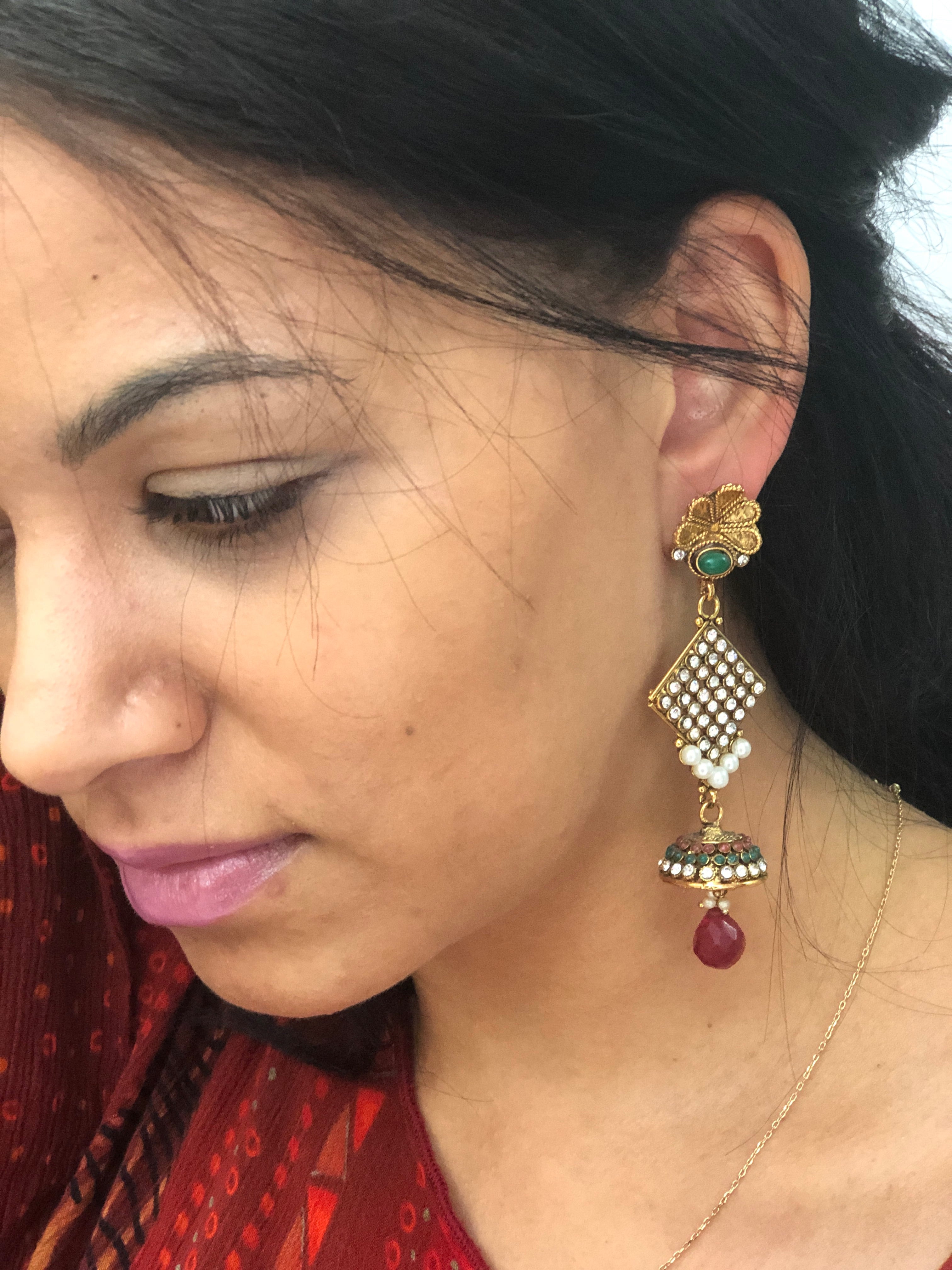 Stone Work Jhumki Long Earrings - Multi Color